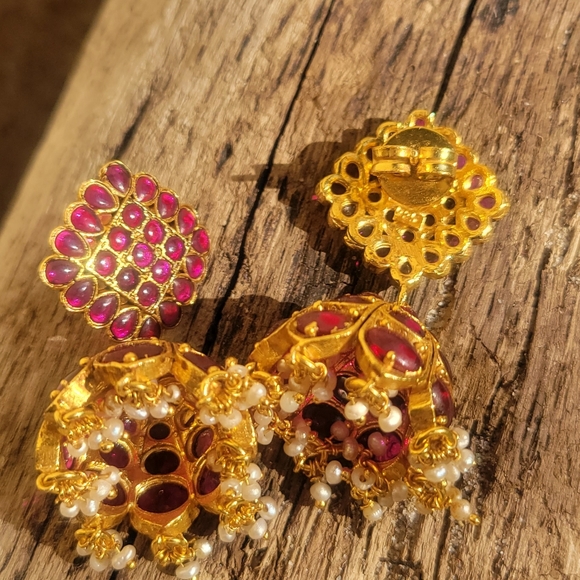 Ruby and cluster pearls jhumkas/hanging earrings - Picture 4 of 5